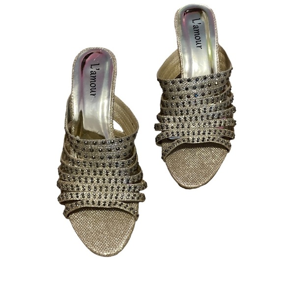 L’Amour Sz 42 (9) Sandals Gold Tone Sparklie NWOT. Christmas Party Perfect - Picture 4 of 9